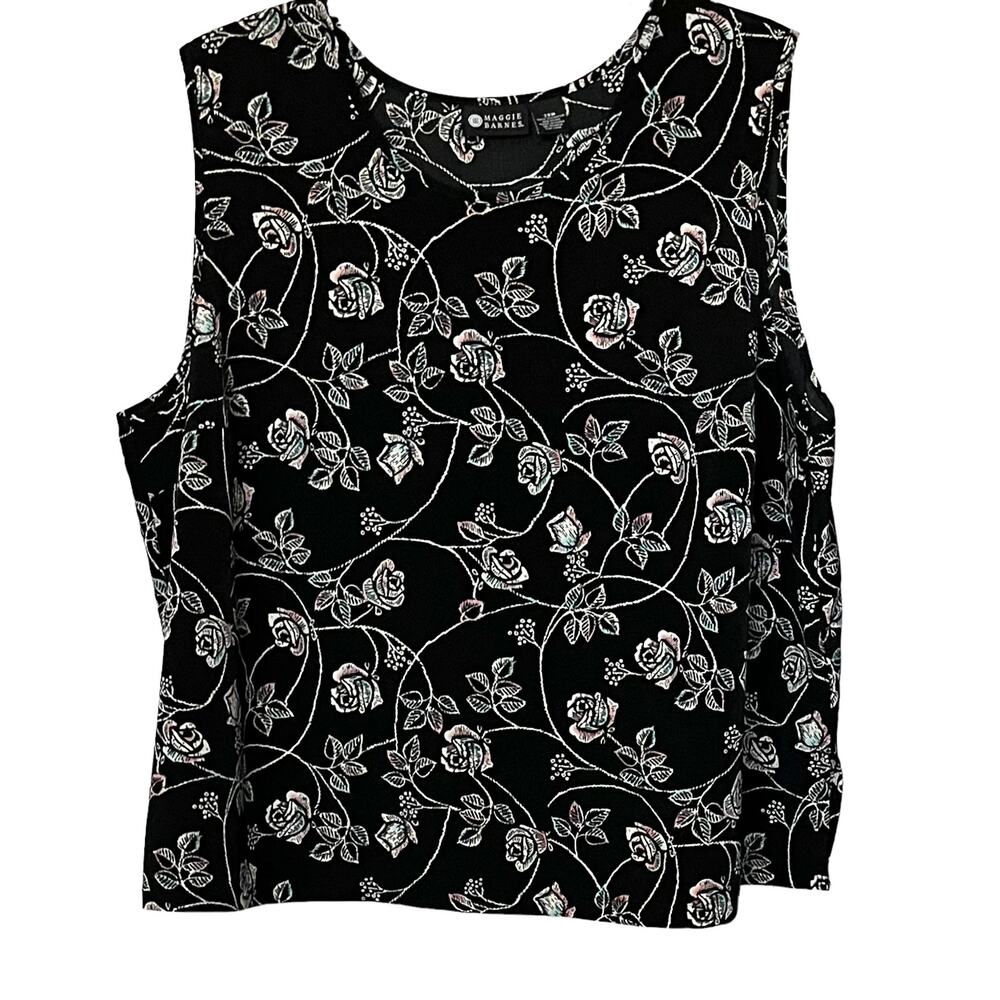 MAGGIE BARNES ROUND NECK SLEEVELESS BLOUSE, WOMENS, 28W-BLACK W/PINK BLUE FLORAL